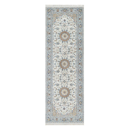 Fine Oriental Wool & Silk Hand Knotted Rug Ivory Blue 2.8X8.3 -O090881