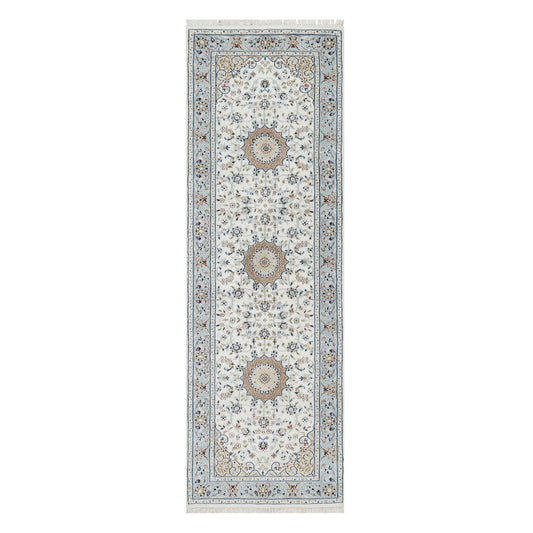 Fine Oriental Wool & Silk Hand Knotted Rug Ivory Blue 2.8X8.3 -O090881