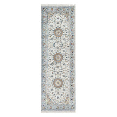 Fine Oriental Wool & Silk Hand Knotted Rug Ivory Blue 2.8X8.3 -O090881