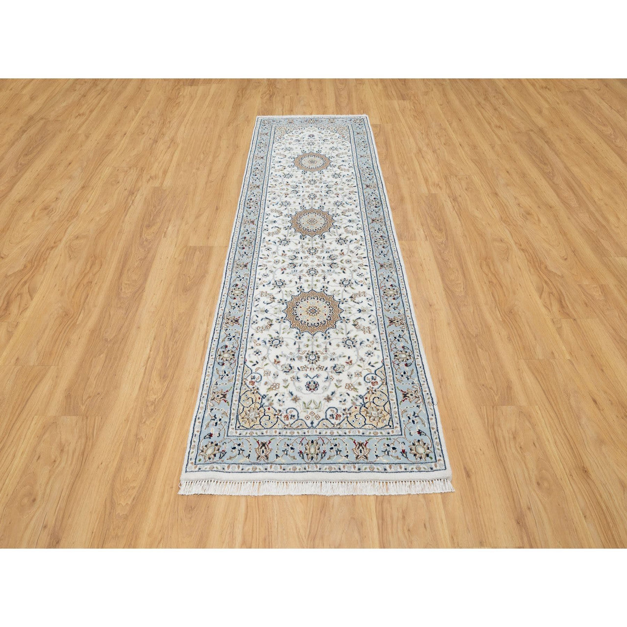 Fine Oriental Wool & Silk Hand Knotted Rug Ivory Blue 2.8X8.3 -O090881
