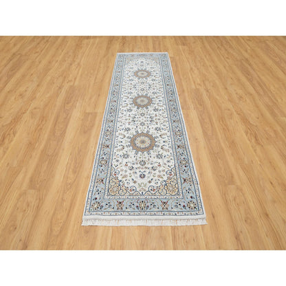 Fine Oriental Wool & Silk Hand Knotted Rug Ivory Blue 2.8X8.3 -O090881