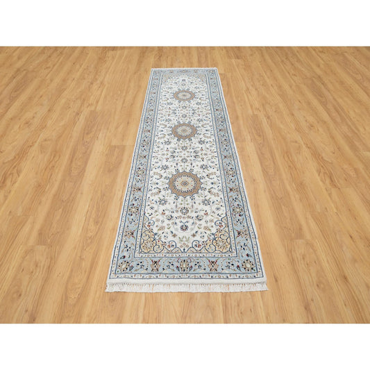 Fine Oriental Wool & Silk Hand Knotted Rug Ivory Blue 2.8X8.3 -O090881