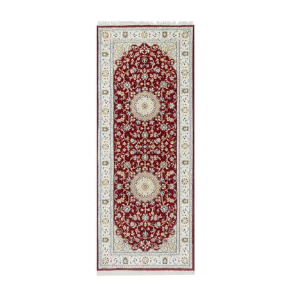 Fine Oriental Wool & Silk Hand Knotted Rug Red White 2.8X6.8 -O090882