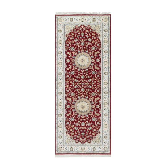 Fine Oriental Wool & Silk Hand Knotted Rug Red White 2.8X6.8 -O090882