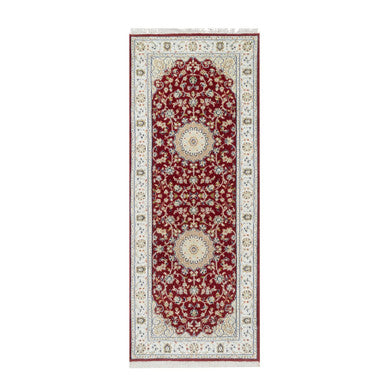 Fine Oriental Wool & Silk Hand Knotted Rug Red White 2.8X6.8 -O090882