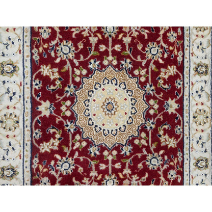 Fine Oriental Wool & Silk Hand Knotted Rug Red White 2.8X6.8 -O090882