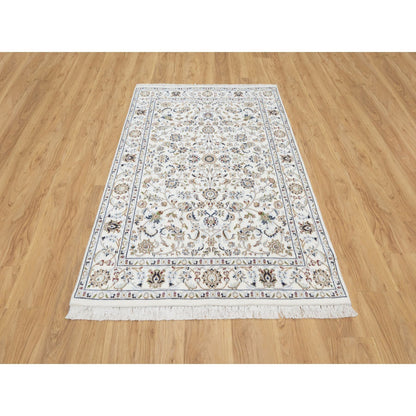 Fine Oriental Wool & Silk Hand Knotted Rug Ivory White 4.1X6.1 -O090883