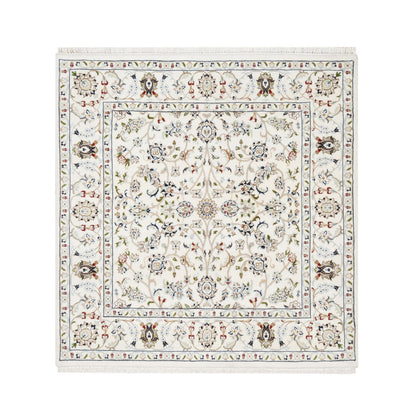 Fine Oriental Wool & Silk Hand Knotted Rug Ivory White 4.1X4.2 -O090884