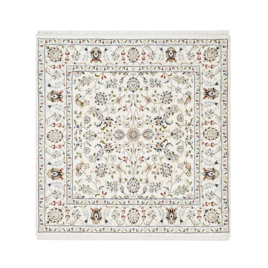 Fine Oriental Wool & Silk Hand Knotted Rug Ivory White 4.1X4.2 -O090884