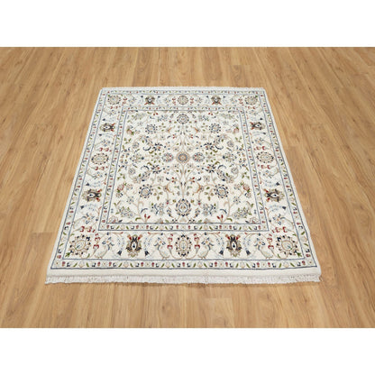 Fine Oriental Wool & Silk Hand Knotted Rug Ivory White 4.1X4.2 -O090884