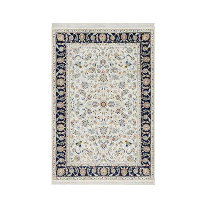 Fine Oriental Wool & Silk Hand Knotted Rug Ivory Navy Blue 4.2X6.2 -O090885