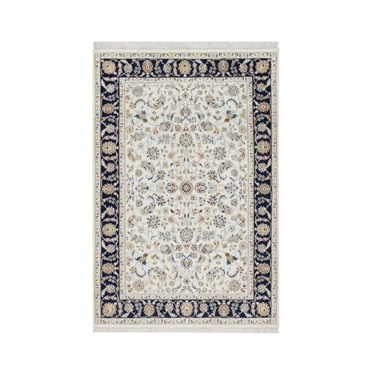 Fine Oriental Wool & Silk Hand Knotted Rug Ivory Navy Blue 4.2X6.2 -O090885