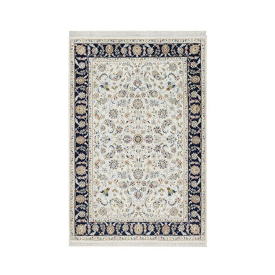 Fine Oriental Wool & Silk Hand Knotted Rug Ivory Navy Blue 4.2X6.2 -O090885