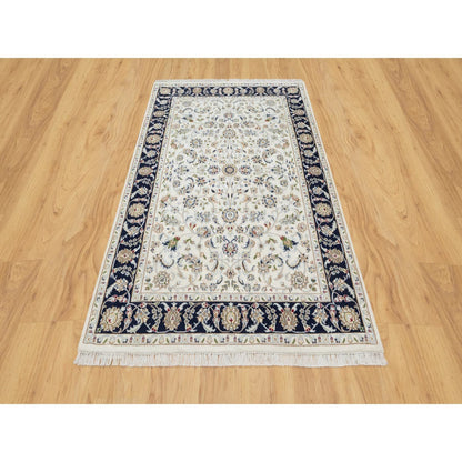 Fine Oriental Wool & Silk Hand Knotted Rug Ivory Navy Blue 4.2X6.2 -O090885