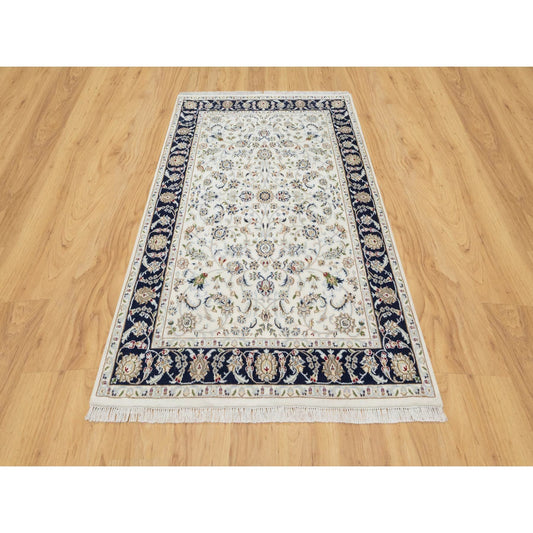 Fine Oriental Wool & Silk Hand Knotted Rug Ivory Navy Blue 4.2X6.2 -O090885