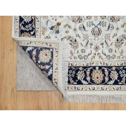 Fine Oriental Wool & Silk Hand Knotted Rug Ivory Navy Blue 4.2X6.2 -O090885