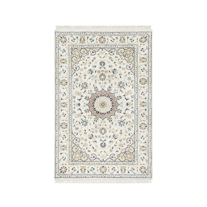 Fine Oriental Wool & Silk Hand Knotted Rug Ivory White 2.9X4.1 -O090886