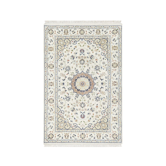 Fine Oriental Wool & Silk Hand Knotted Rug Ivory White 2.9X4.1 -O090886