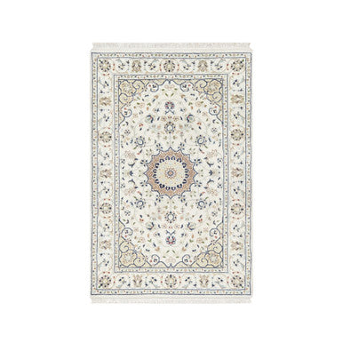 Fine Oriental Wool & Silk Hand Knotted Rug Ivory White 2.9X4.1 -O090886