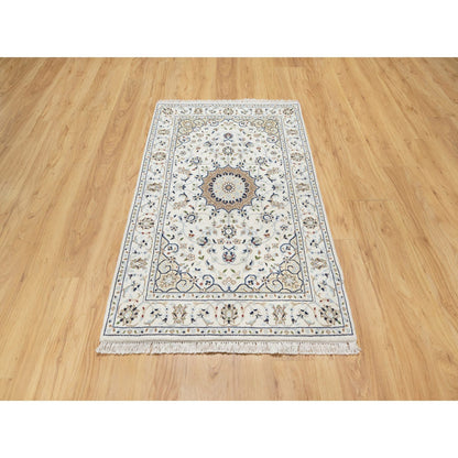 Fine Oriental Wool & Silk Hand Knotted Rug Ivory White 2.9X4.1 -O090886