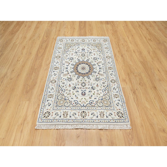 Fine Oriental Wool & Silk Hand Knotted Rug Ivory White 2.9X4.1 -O090886
