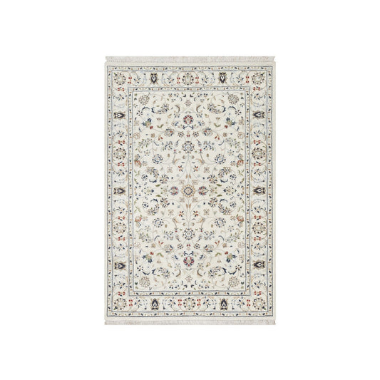 Fine Oriental Wool & Silk Hand Knotted Rug Ivory White 3.4X5.3 -O090890