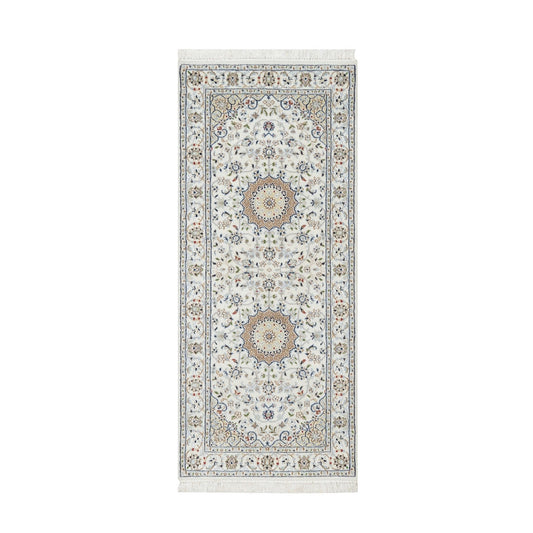 Fine Oriental Wool & Silk Hand Knotted Rug Ivory White 2.7X6.1 -O090892