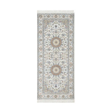 Fine Oriental Wool & Silk Hand Knotted Rug Ivory White 2.7X6.1 -O090892