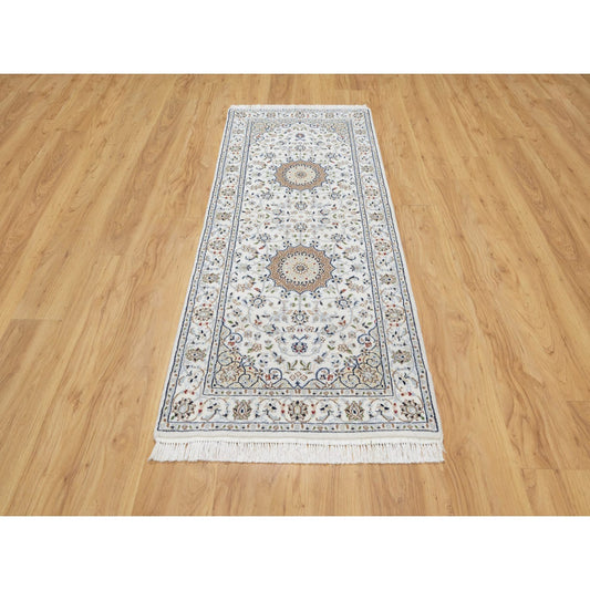 Fine Oriental Wool & Silk Hand Knotted Rug Ivory White 2.7X6.1 -O090892