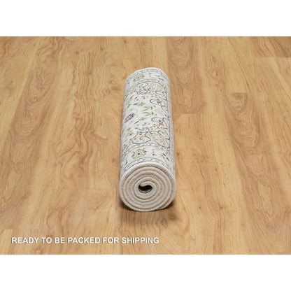 Fine Oriental Wool & Silk Hand Knotted Rug Ivory White 2.7X6.1 -O090892