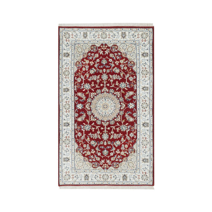 Fine Oriental Wool & Silk Hand Knotted Rug Red White 3.0X5.3 -O090894