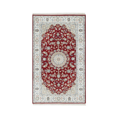 Fine Oriental Wool & Silk Hand Knotted Rug Red White 3.0X5.3 -O090894