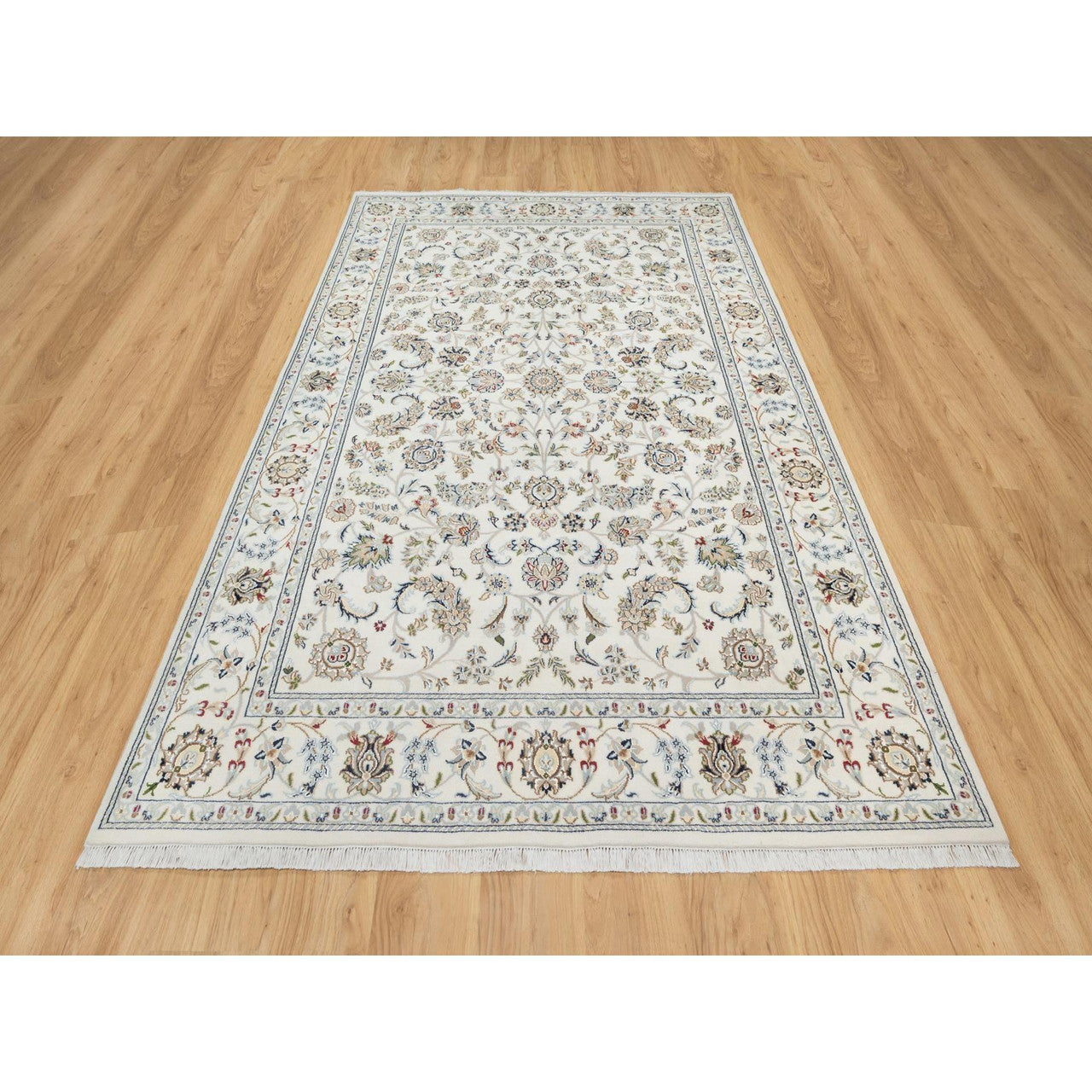 Fine Oriental Wool & Silk Hand Knotted Rug Ivory White 5.10X9.1 -O090896