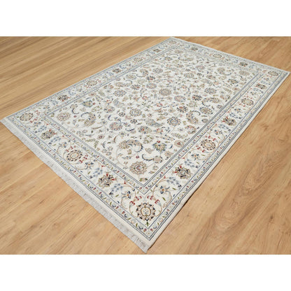 Fine Oriental Wool & Silk Hand Knotted Rug Ivory White 5.10X9.1 -O090896