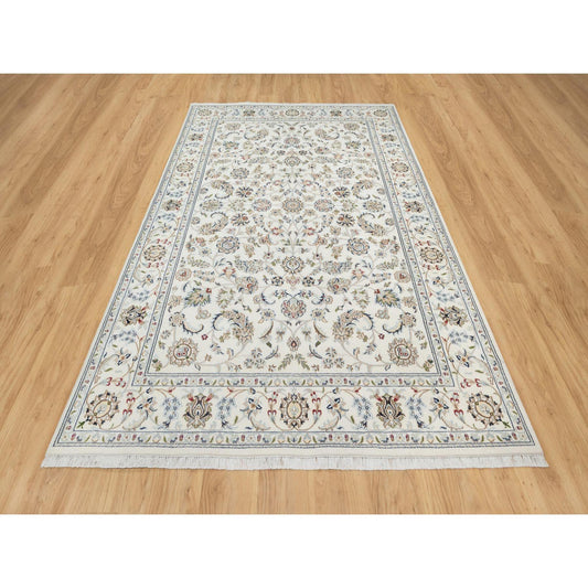 Fine Oriental Wool & Silk Hand Knotted Rug Ivory White 6.0X9.0 -O090897