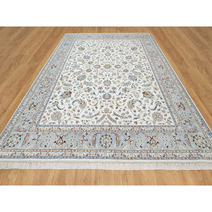 Fine Oriental Wool & Silk Hand Knotted Rug Ivory Blue 8.7X12.0 -O090898