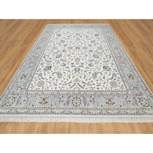 Fine Oriental Wool & Silk Hand Knotted Rug Ivory Blue 8.7X12.0 -O090898