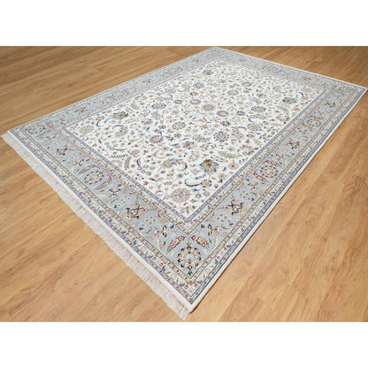 Fine Oriental Wool & Silk Hand Knotted Rug Ivory Blue 8.7X12.0 -O090898