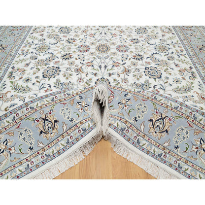 Fine Oriental Wool & Silk Hand Knotted Rug Ivory Blue 8.7X12.0 -O090898