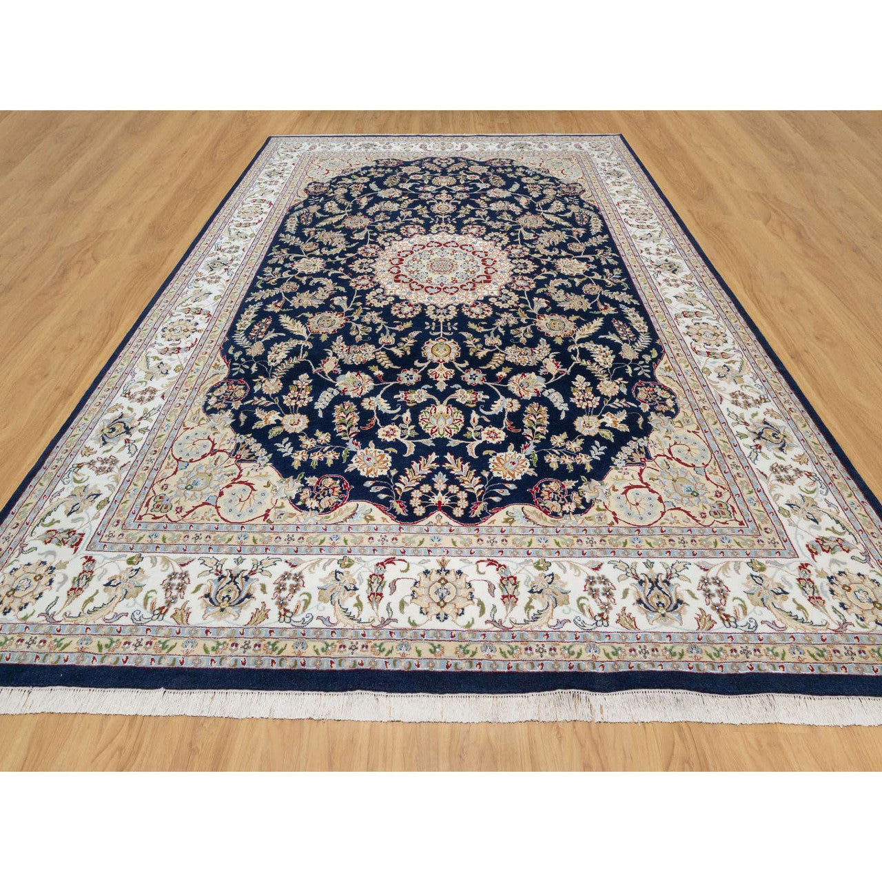 Fine Oriental Wool & Silk Hand Knotted Rug Blue White 9.8X14.1 -O090899