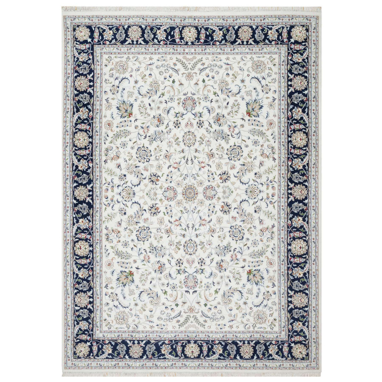 Fine Oriental Wool & Silk Hand Knotted Rug Ivory Navy Blue 8.7X12.0 -O090900