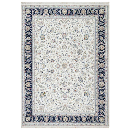 Fine Oriental Wool & Silk Hand Knotted Rug Ivory Navy Blue 8.7X12.0 -O090900