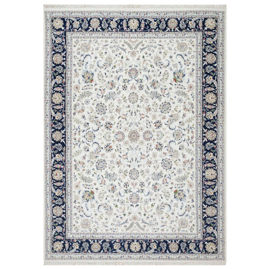 Fine Oriental Wool & Silk Hand Knotted Rug Ivory Navy Blue 8.7X12.0 -O090900