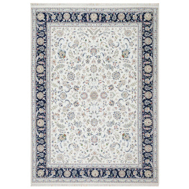 Fine Oriental Wool & Silk Hand Knotted Rug Ivory Navy Blue 8.7X12.0 -O090900