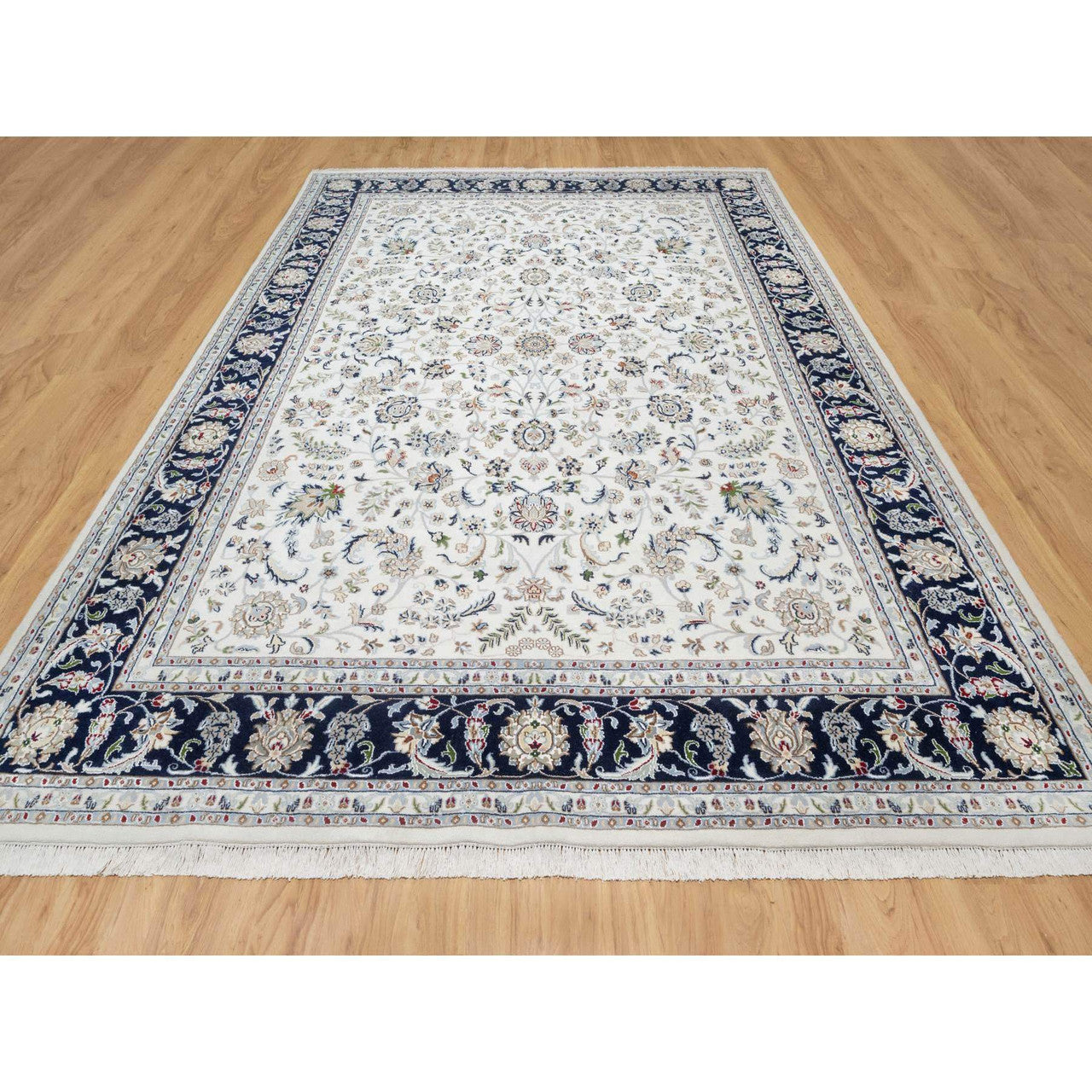 Fine Oriental Wool & Silk Hand Knotted Rug Ivory Navy Blue 8.7X12.0 -O090900