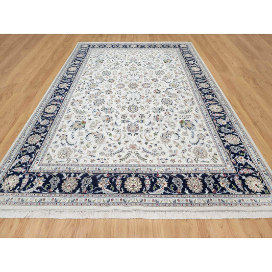Fine Oriental Wool & Silk Hand Knotted Rug Ivory Navy Blue 8.7X12.0 -O090900