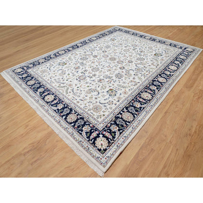 Fine Oriental Wool & Silk Hand Knotted Rug Ivory Navy Blue 8.7X12.0 -O090900