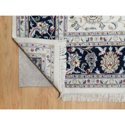 Fine Oriental Wool & Silk Hand Knotted Rug Ivory Navy Blue 8.7X12.0 -O090900