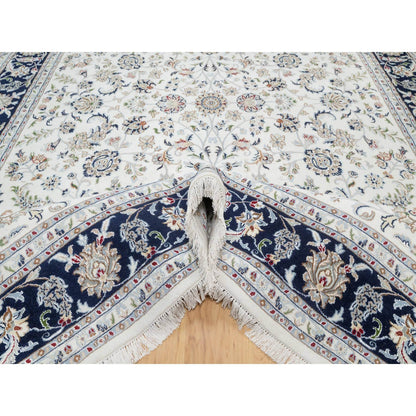 Fine Oriental Wool & Silk Hand Knotted Rug Ivory Navy Blue 8.7X12.0 -O090900