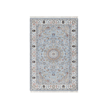 Fine Oriental Wool & Silk Hand Knotted Rug Blue White 3.0X5.2 -O090904